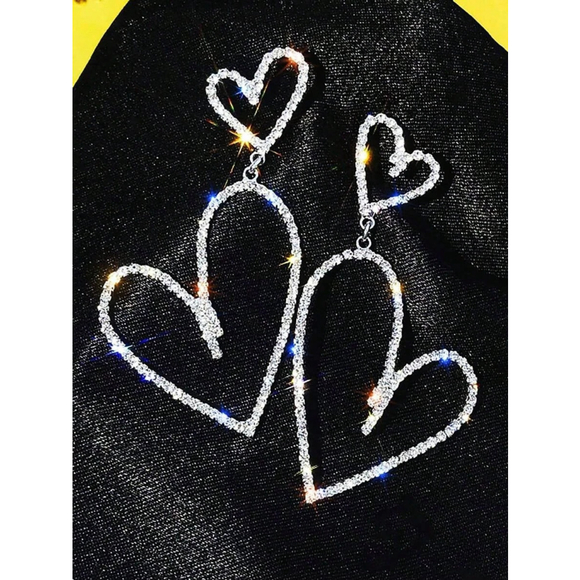 1 Pair Silver & Gold Heart Earrings Rhinestone Dangle Stud Jewelry Women Gift.SH - Picture 6 of 6